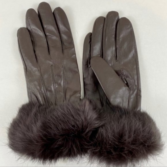 Leather Fur Gloves Large Rabbit Trim Short Brown - Picture 12 of 12